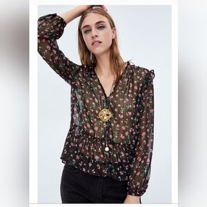 NWOT! Posh Sheer Metallic Women's Zara Peplum Floral Blouse Size Medium